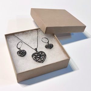 Cookie Lee Silver Filigree Puff Heart Necklace and Matching Earrings, LIKE NEW
